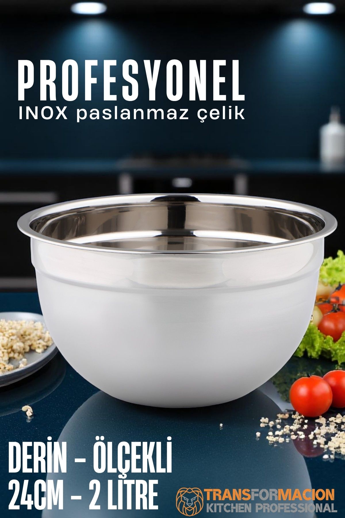 Inox Ölçekli Derin Kase  - 24 Cm 2 Litre Karıştırma Kabı Profesyonel 304 Paslanmaz Çelik 721842