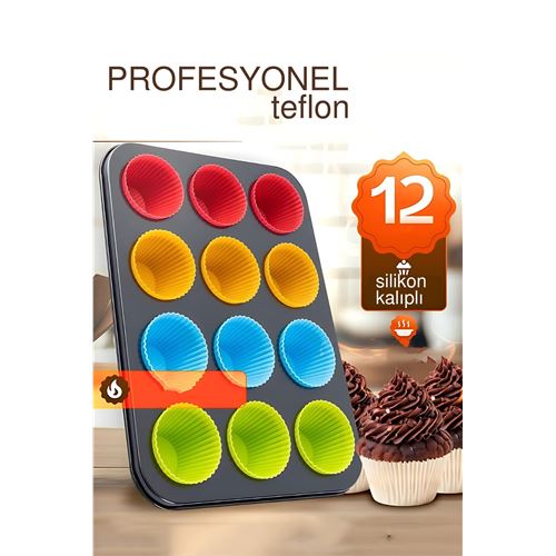 TransForMacion 12 li Muffin Kalıbı Teflon Çelik - 12 ADET Silikon Muffi  Kalıplı SET 721870 