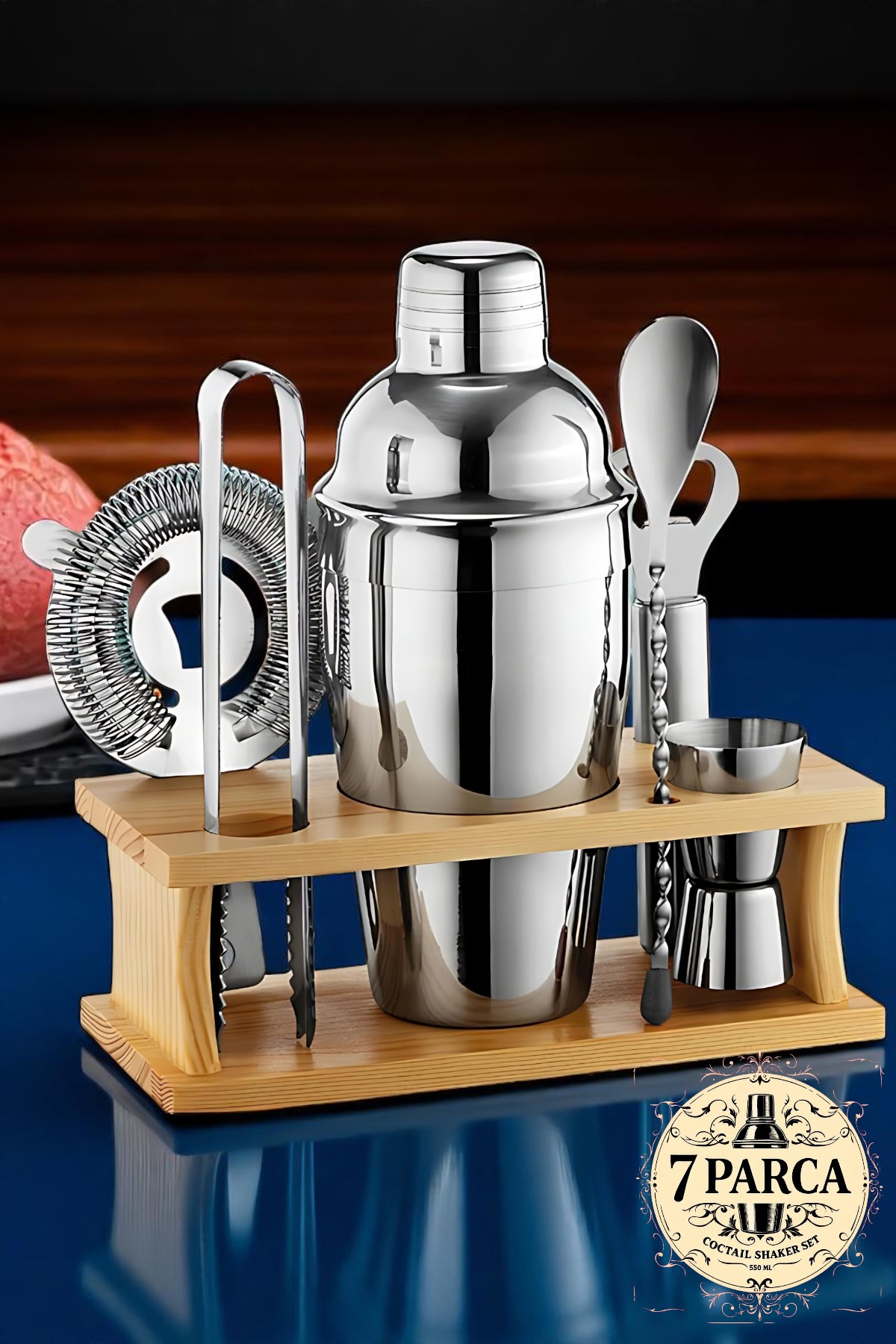 Shaker Kokteyl Set - 7 Parça 550 ML Shaker Coctail Set  Bambu Standlı 