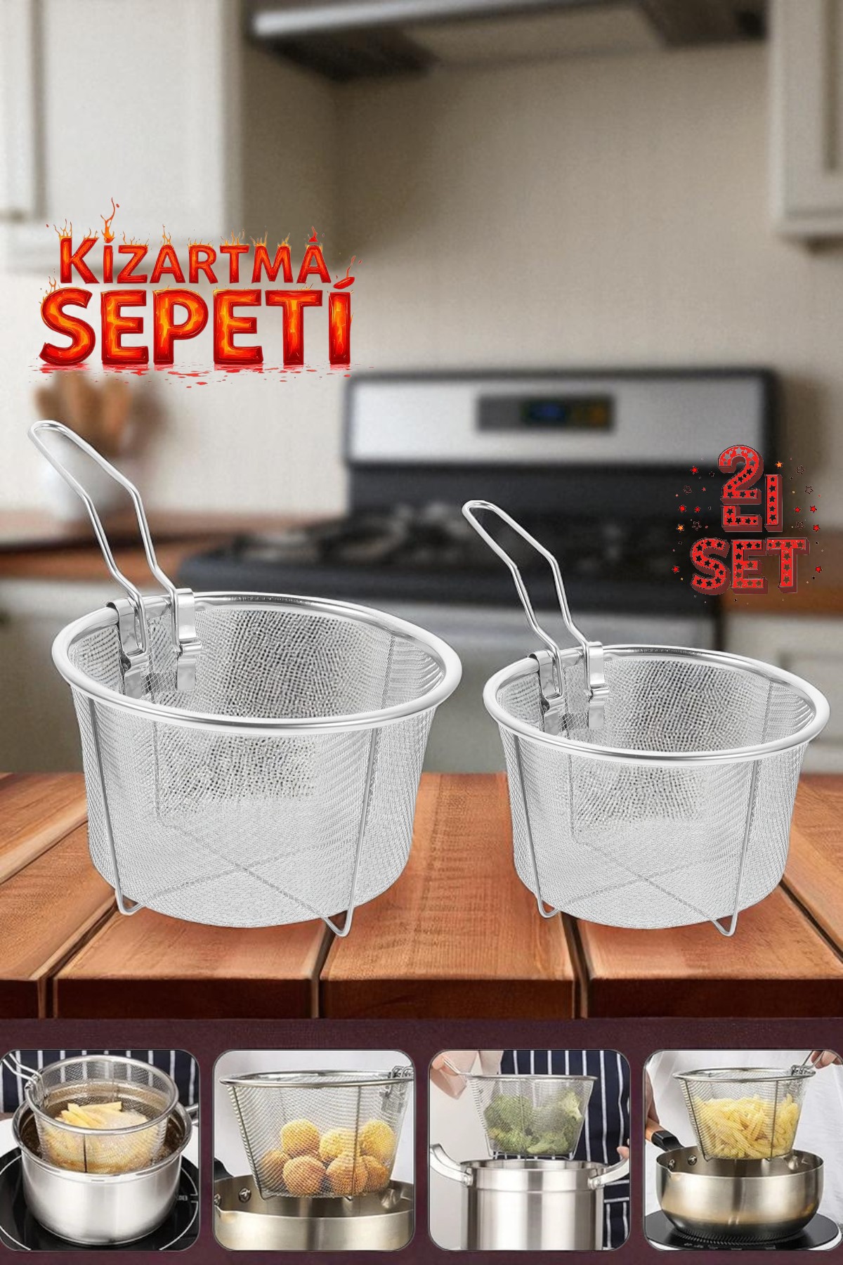 2 Boy Kızartma Süzgeci Patates Kızartma Filtresi 304 Paslanmaz Çelik 
