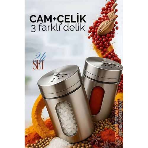 TransForMacion Cam+Çelik Tuzluk Biberlik Karabiberlik 3 Farklı Delikli 2 li SET 721944