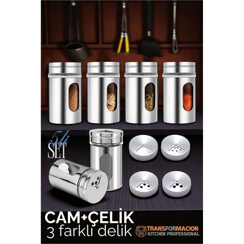 TransForMacion Cam+Çelik Tuzluk Biberlik Karabiberlik 3 Farklı Delikli 5 li SET 721945