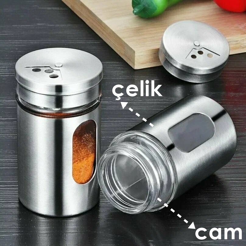Cam+Çelik Tuzluk Biberlik Karabiberlik 3 Farklı Delikli 5 li SET 721945