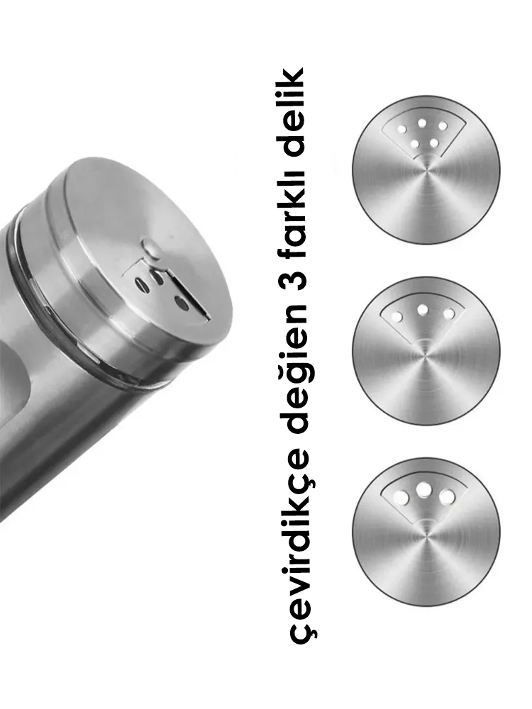 Cam+Çelik Tuzluk Biberlik Karabiberlik 3 Farklı Delikli 5 li SET 721945