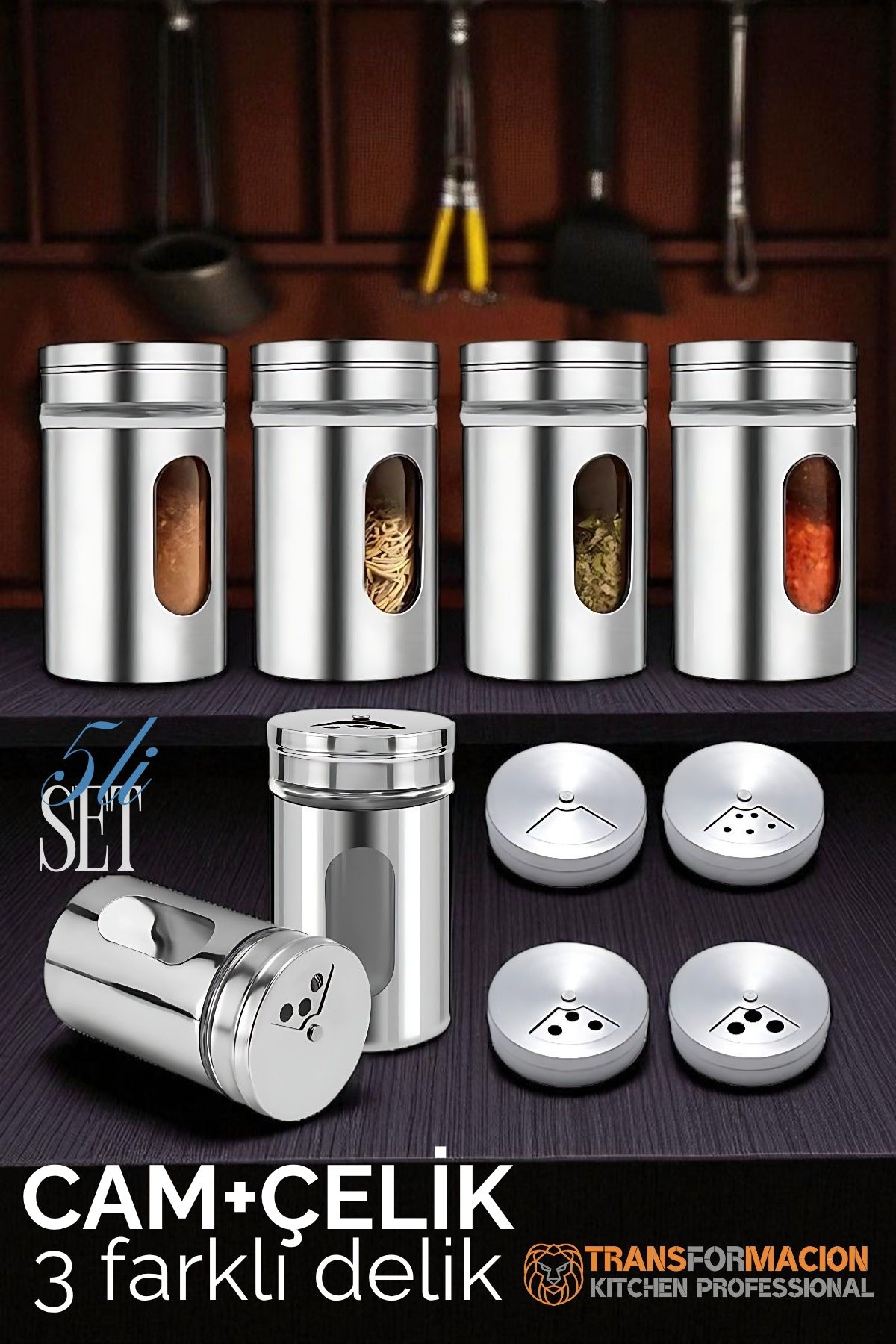 Cam+Çelik Tuzluk Biberlik Karabiberlik 3 Farklı Delikli 5 li SET 721945