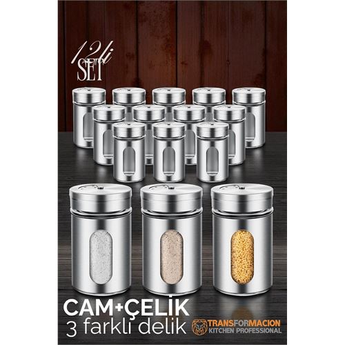 TransForMacion Cam+Çelik Tuzluk Biberlik Karabiberlik 3 Farklı Delikli 12 li SET 721946