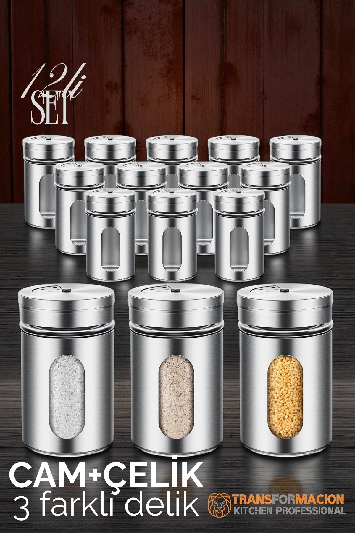 Cam+Çelik Tuzluk Biberlik Karabiberlik 3 Farklı Delikli 12 li SET 721946