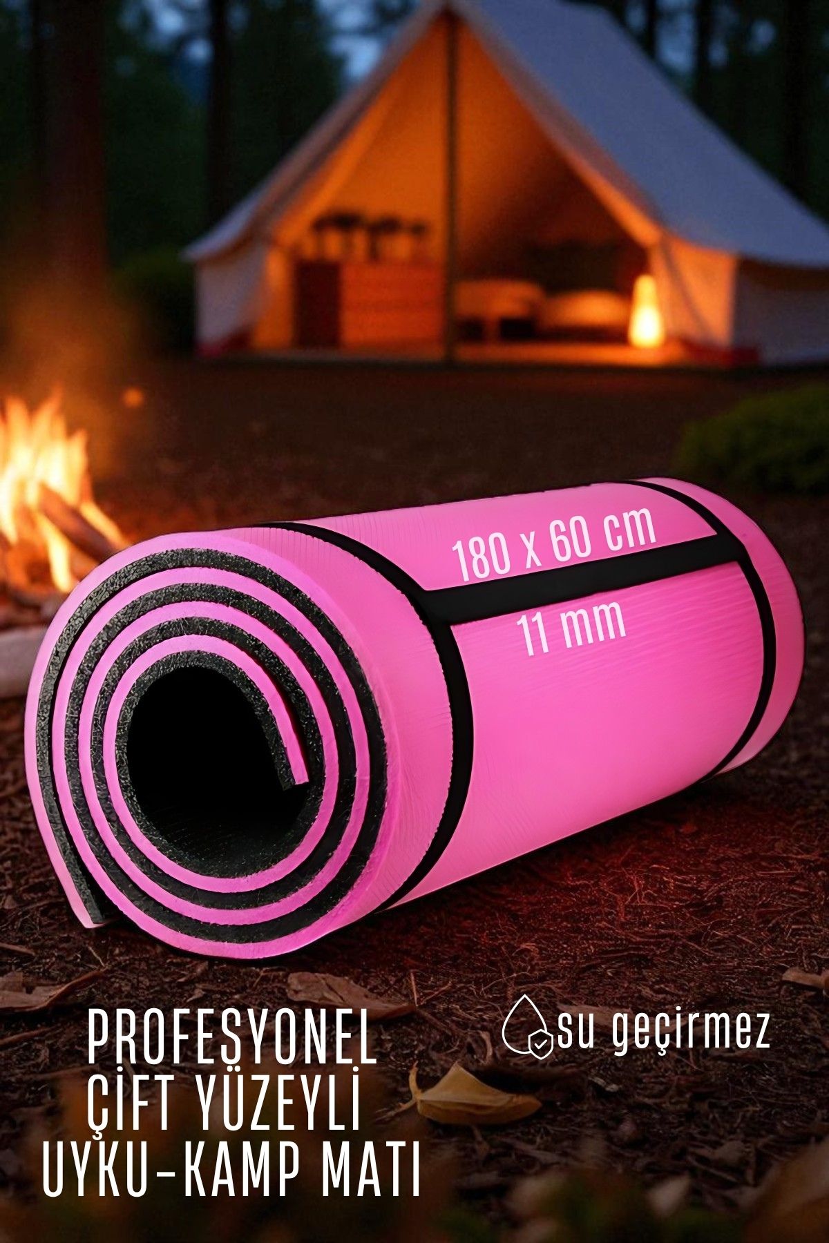 Uyku Matı - Kamp Matı - Piknik Çadır Matı 11 mm Çift Taraflı Pembe 
