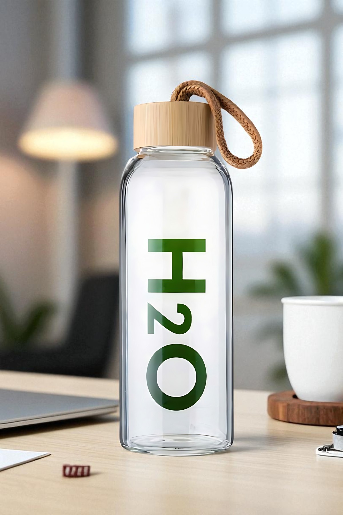 Cam Matara - 800 Ml Bambu Kapaklı Borosilikat Cam Matara - Ofis Matarası  