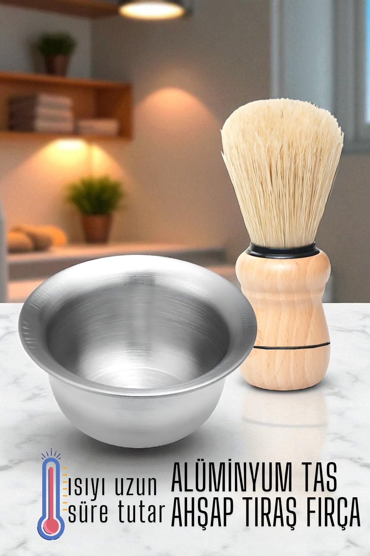 Alüminyum Tıraş Tası Ahşap Tıraş Fırçası Seti -716273