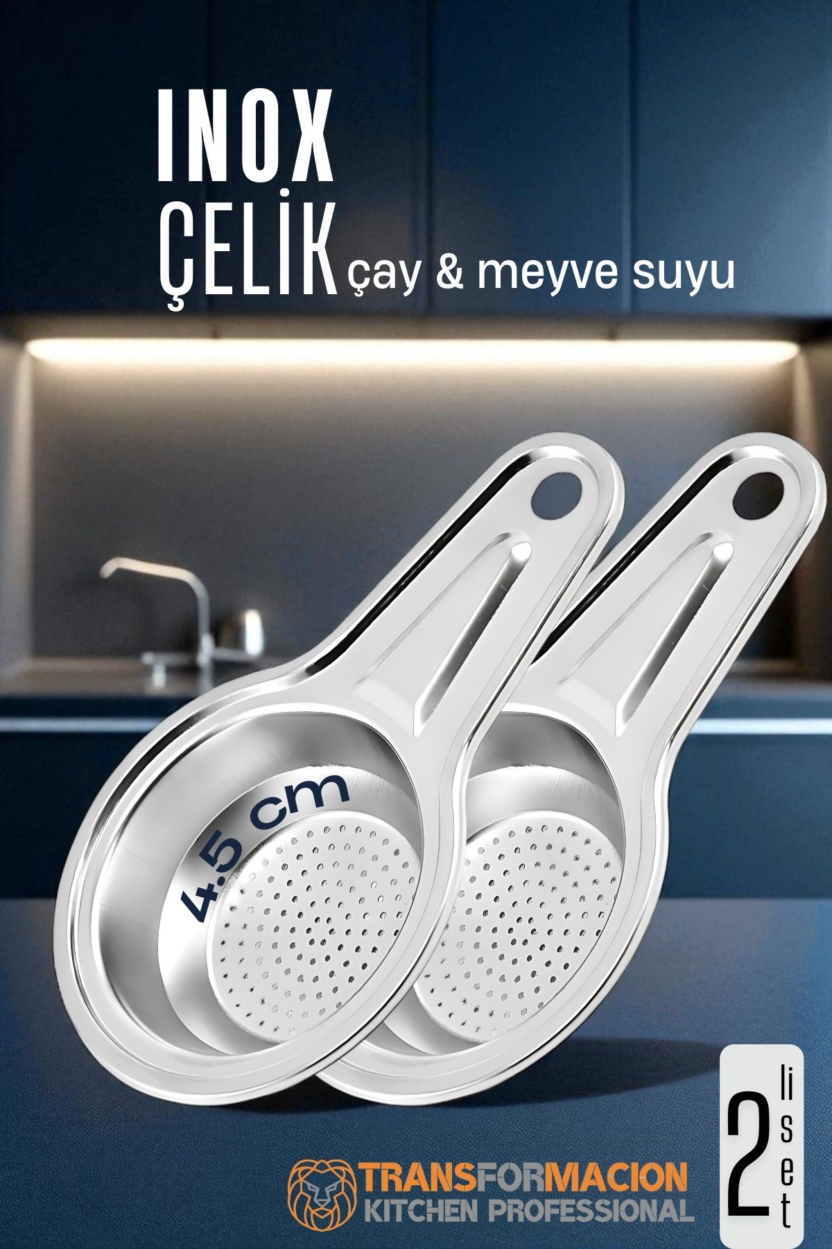 Inox Çelik Çay Süzgeci - Meyve Suyu Süzgeci  - Profesyoneller İçin 2 li SET Paslanmaz Çelik 722008