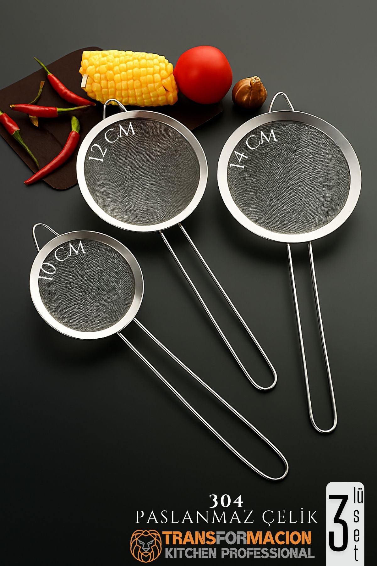Süzgeç Seti 3 Boy Çok Amaçlı Süzgeç 304 Çelik Profesyoneller İçin  722009