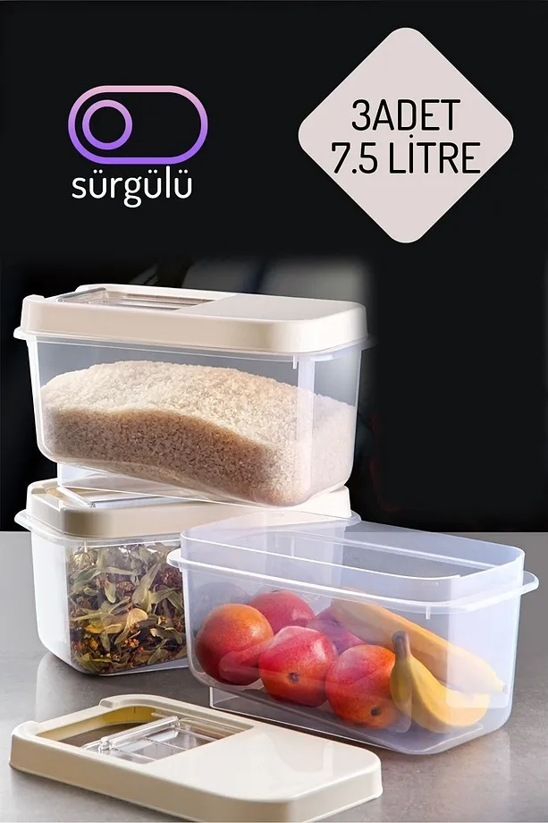Erzak Bakliyat Saklama Kabı 3 lü Set 7.5 Lt Krem 