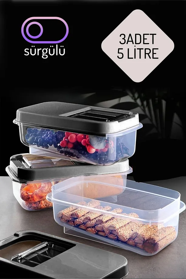 Erzak Bakliyat Saklama Kabı 3 lü Set 5 Lt Antrasit 