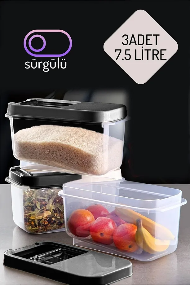 Erzak Bakliyat Saklama Kabı 3 lü Set 7.5 Lt Antrasit 