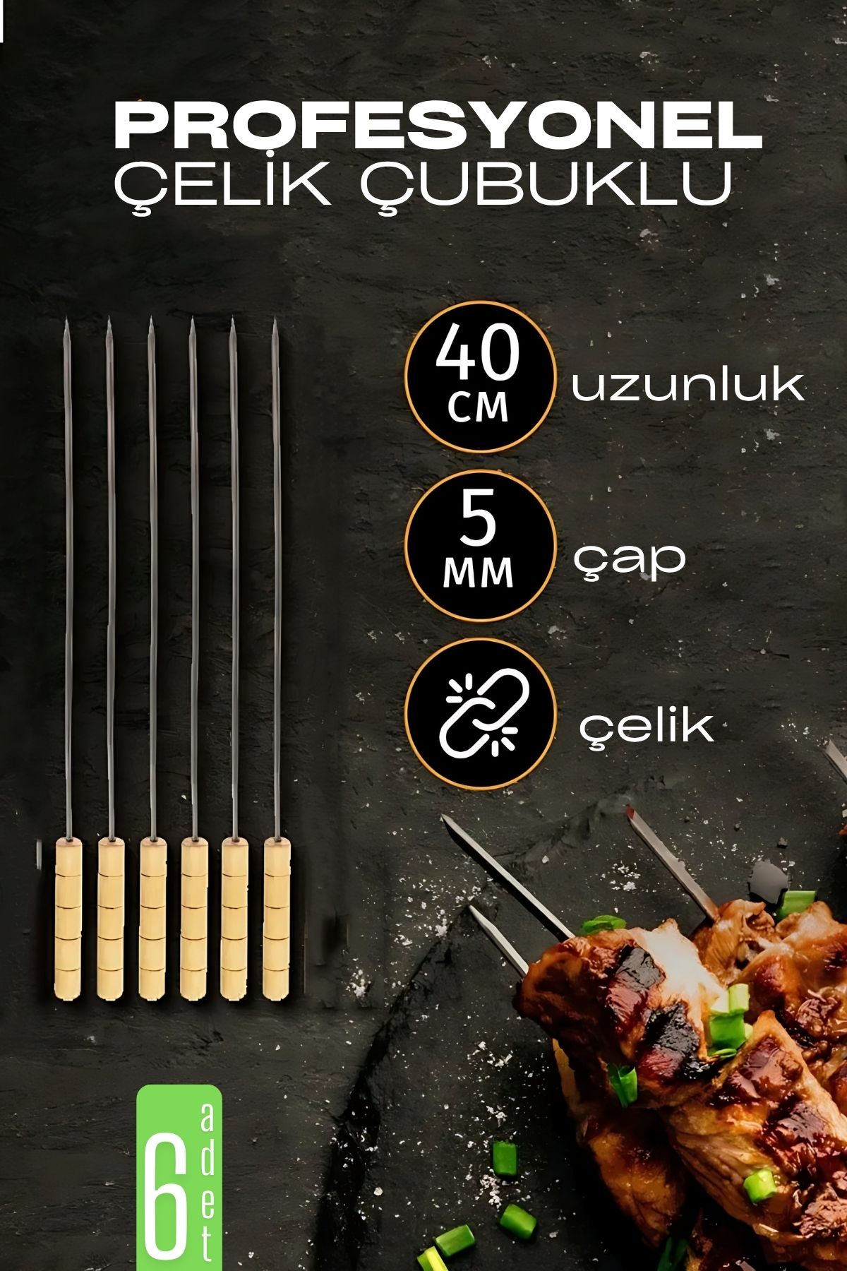 Çelik Şiş Çubuğu - Mangal Şişi Ahşap Saplı Kebap Şişi  6 Adet 