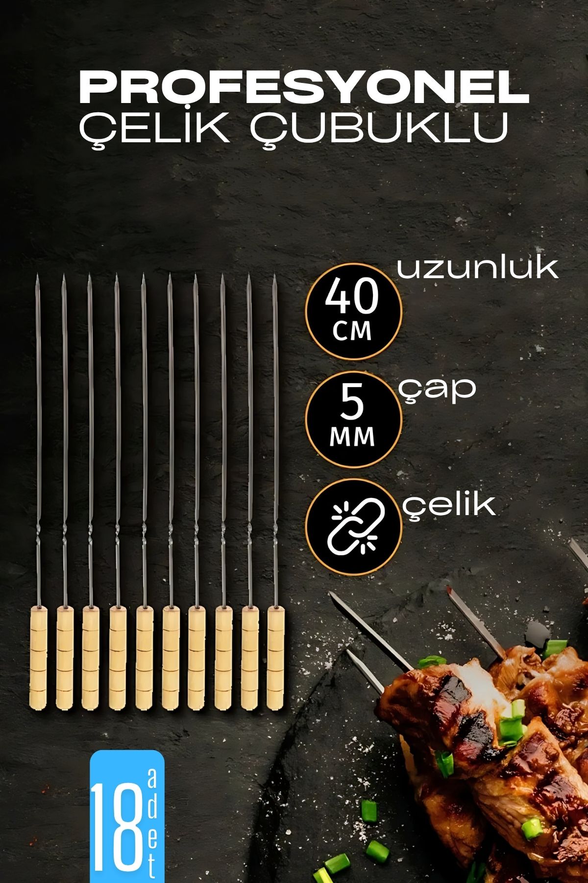 Çelik Şiş Çubuğu - Mangal Şişi Ahşap Saplı Kebap Şişi  18 Adet 