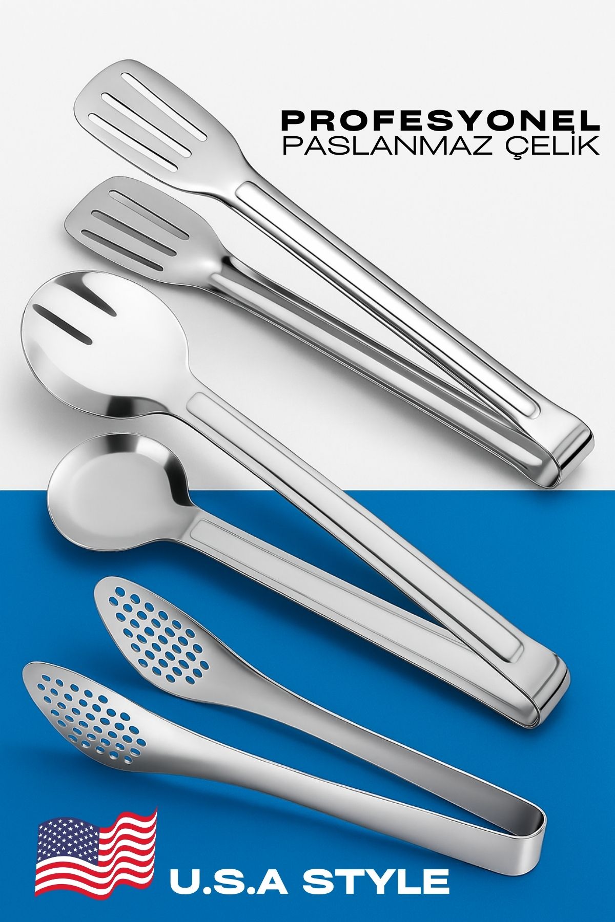 Amerikan Tip Mutfak Maşa Seti  3 LÜ SET 304 Paslanmaz Çelik 