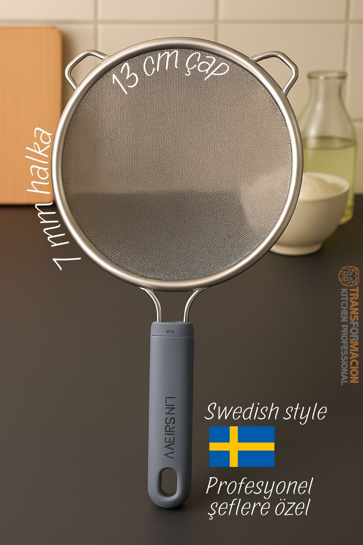 Inox İsveç Dizayn Süzgeç - 7 mm kalınlık halka 304 Çelik Profesyoneller İçin 722030