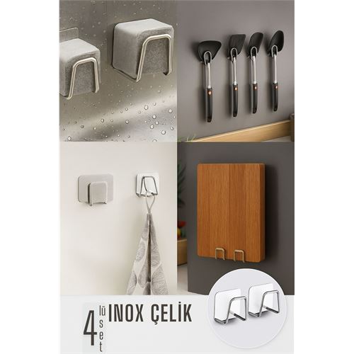 TransForMacion Inox Çelik Çok Amaçlı Askı - Banyo Askısı - Mutfak Askısı Profesyonel 4 lü SET 722044