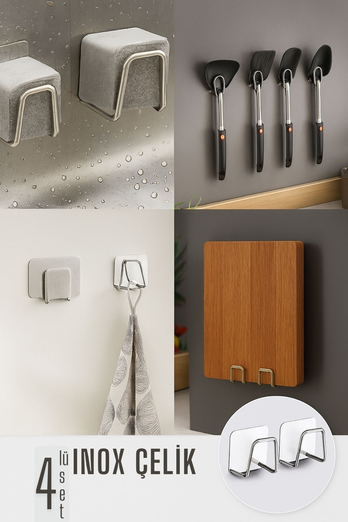 Inox Çelik Çok Amaçlı Askı - Banyo Askısı - Mutfak Askısı Profesyonel 4 lü SET 722044