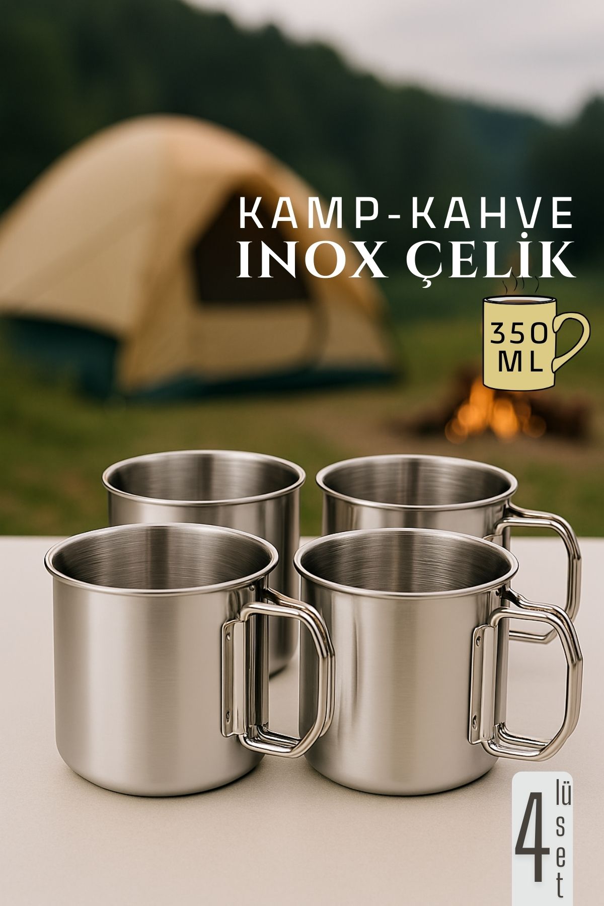 Inox Çelik Kamp Kupası - Kamp Bardağı 350 ml 4 LÜ SET 722047