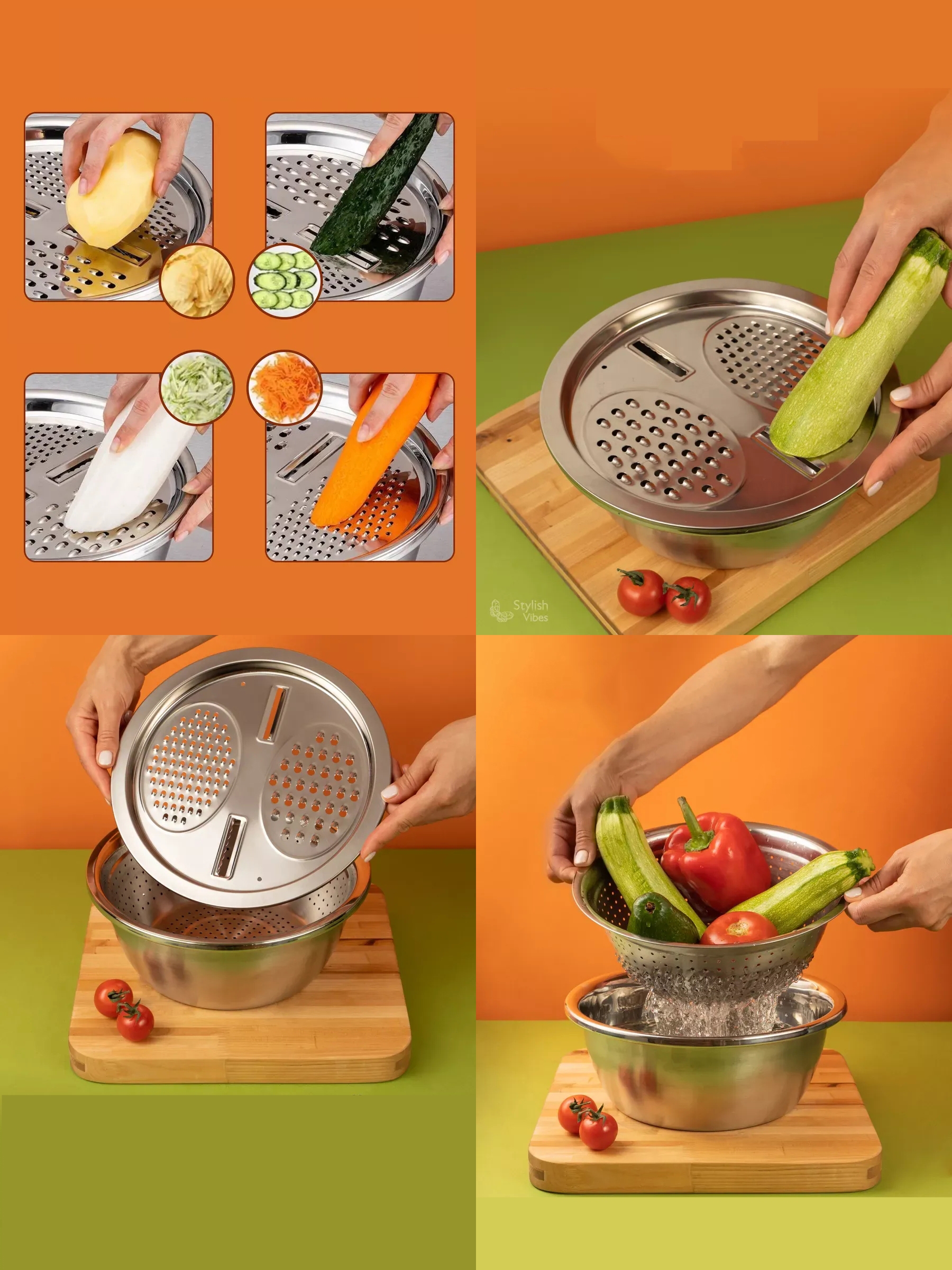 Çelik Rende Kase Süzgeç Seti - MultiFix 3 in 1 Paslanmaz Çelik 722050