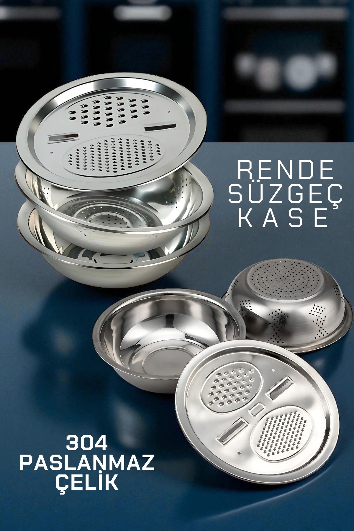 Çelik Rende Kase Süzgeç Seti - MultiFix 3 in 1 Paslanmaz Çelik 722050