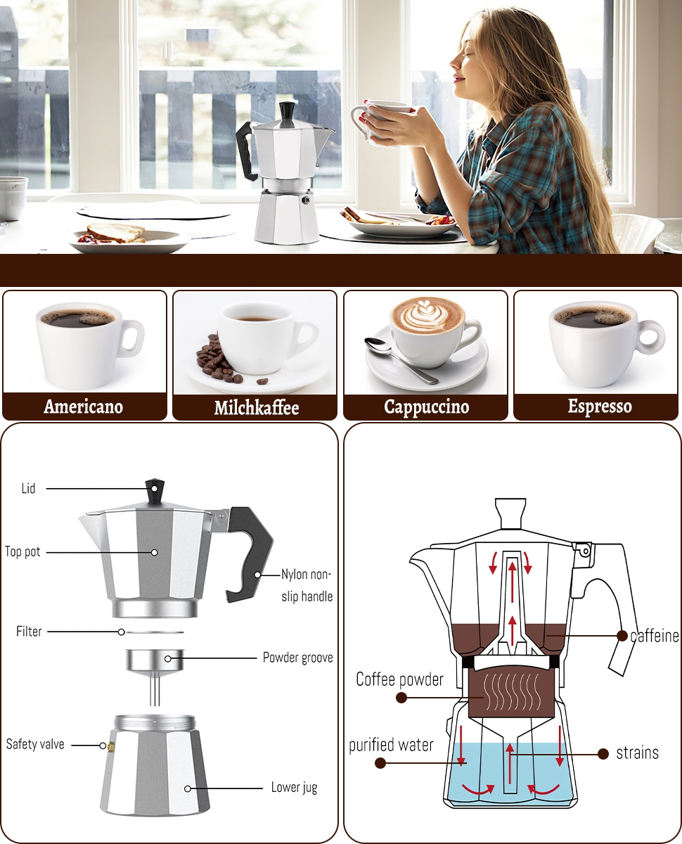 Klasik Italyan Moka Pot - 6061 Saf Alüminyum  Profesyonel Moka Pot - 3 kişilik 722058