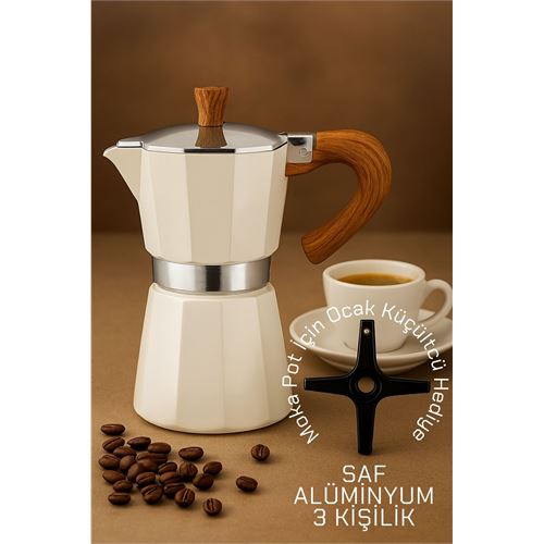 TransForMacion Italyan Moka Pot - 6061 Saf Alüminyum  Ahşap Saplı - 3 kişilik KREM 722060