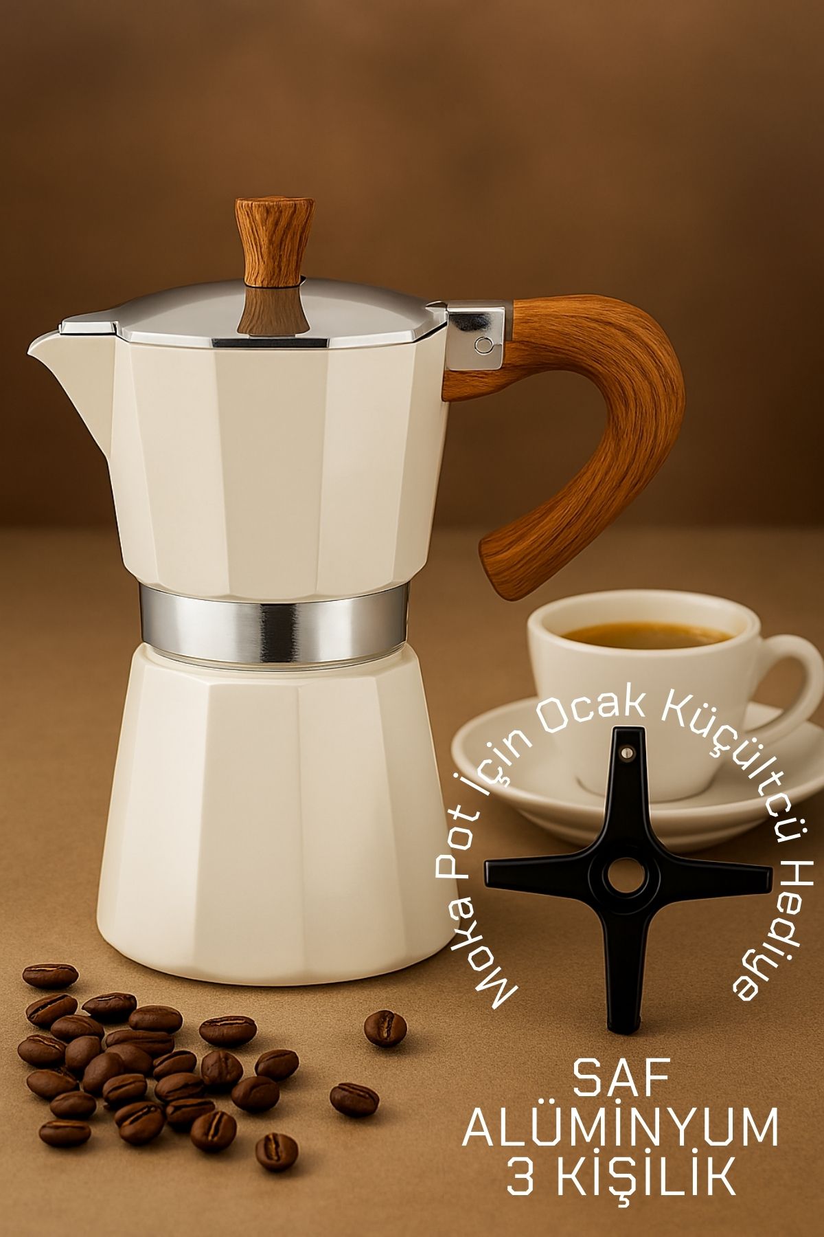 Italyan Moka Pot - 6061 Saf Alüminyum  Ahşap Saplı - 3 kişilik KREM 722060