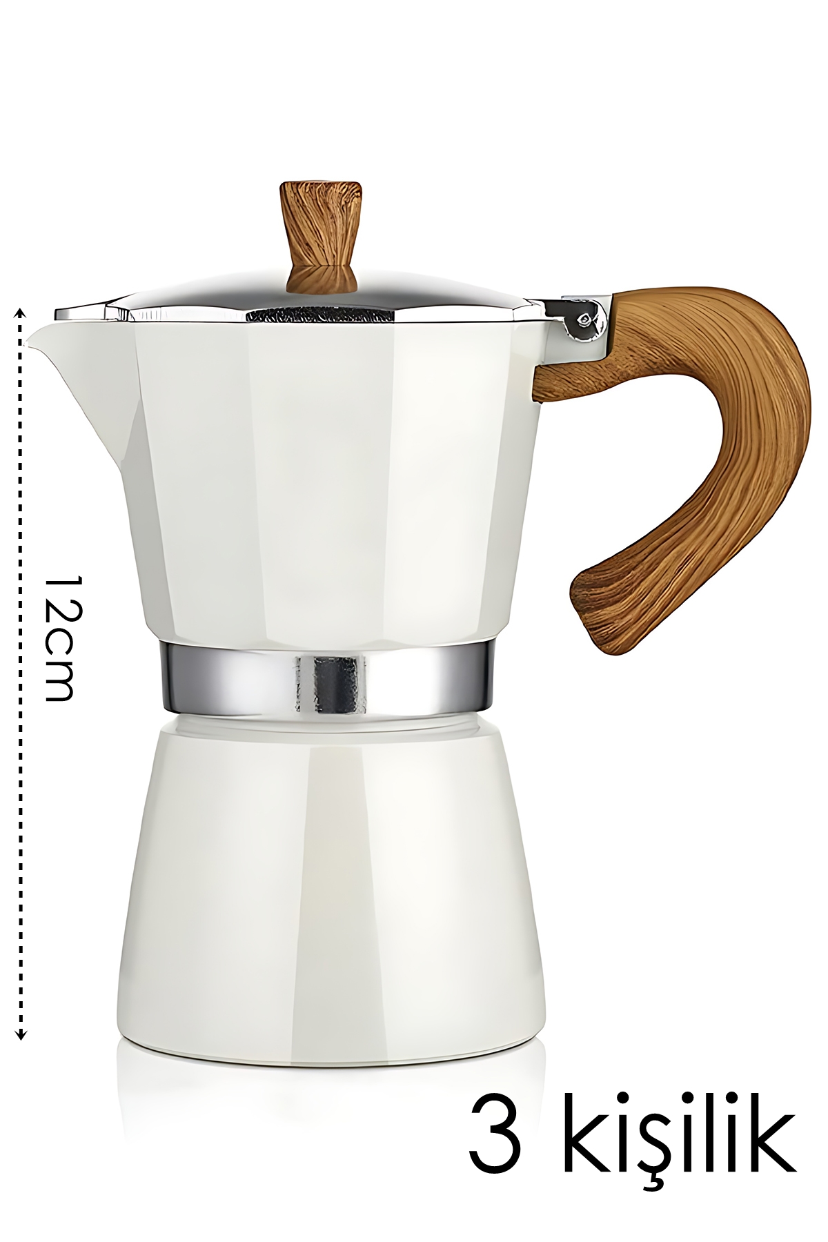 Italyan Moka Pot - 6061 Saf Alüminyum  Ahşap Saplı - 3 kişilik KREM 722060