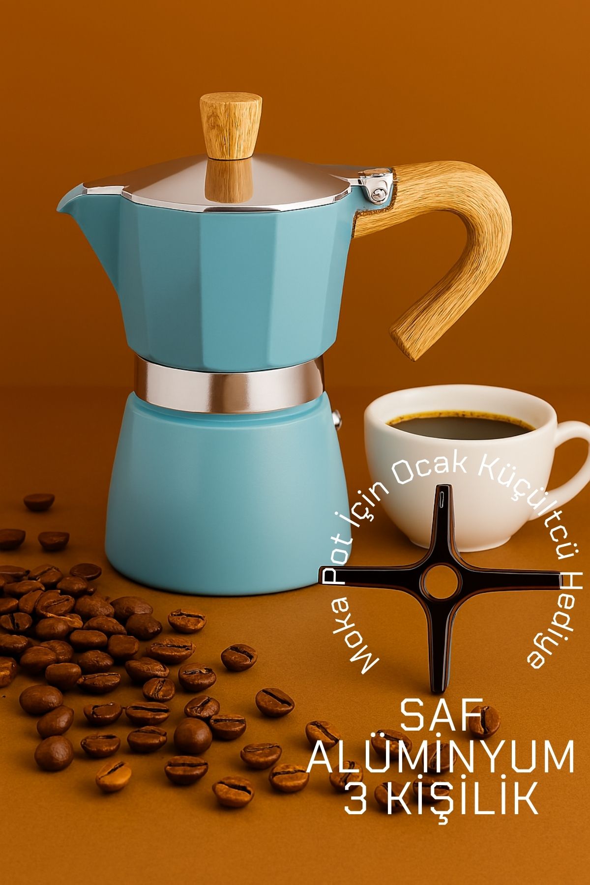 Italyan Moka Pot - 6061 Saf Alüminyum  Ahşap Saplı - 3 kişilik MAVİ 722061