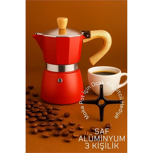 TransForMacion Italyan Moka Pot - 6061 Saf Alüminyum  Ahşap Saplı - 3 kişilik KIRMIZI 722062