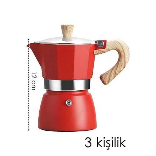 TransForMacion Italyan Moka Pot - 6061 Saf Alüminyum  Ahşap Saplı - 3 kişilik KIRMIZI 722062