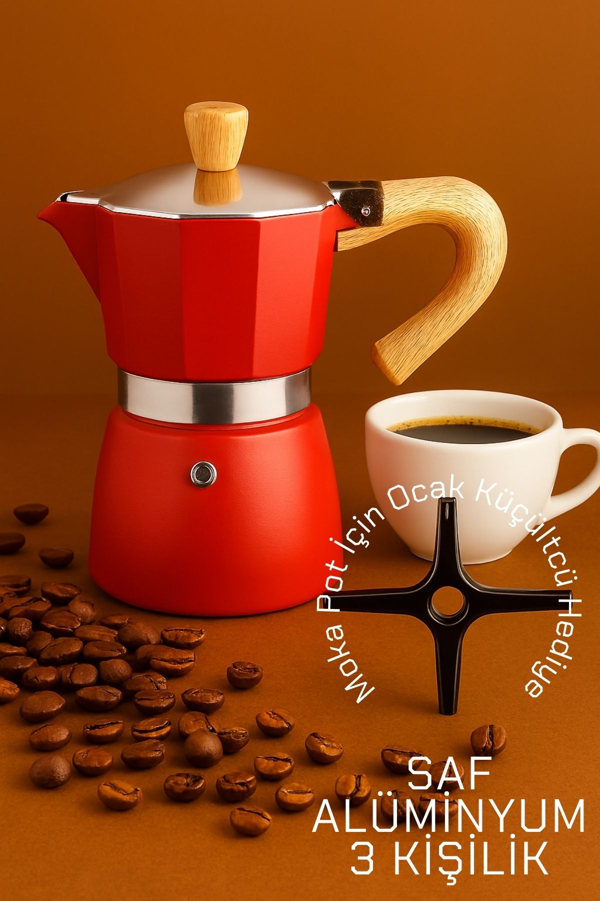 Italyan Moka Pot - 6061 Saf Alüminyum  Ahşap Saplı - 3 kişilik KIRMIZI 722062