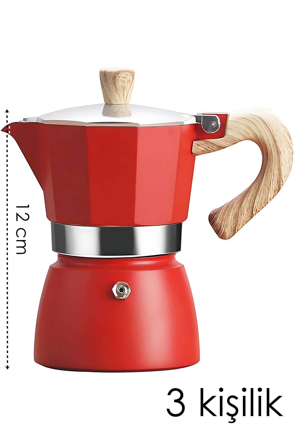 Italyan Moka Pot - 6061 Saf Alüminyum  Ahşap Saplı - 3 kişilik KIRMIZI 722062