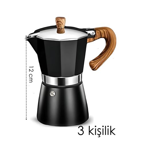 TransForMacion Italyan Moka Pot - 6061 Saf Alüminyum  Ahşap Saplı - 3 kişilik SİYAH 722063