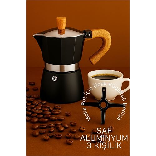 TransForMacion Italyan Moka Pot - 6061 Saf Alüminyum  Ahşap Saplı - 3 kişilik SİYAH 722063