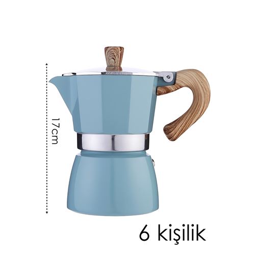 TransForMacion Italyan Moka Pot - 6061 Saf Alüminyum  Ahşap Saplı - 6 kişilik MAVİ 722065