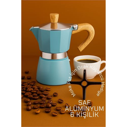 TransForMacion Italyan Moka Pot - 6061 Saf Alüminyum  Ahşap Saplı - 6 kişilik MAVİ 722065