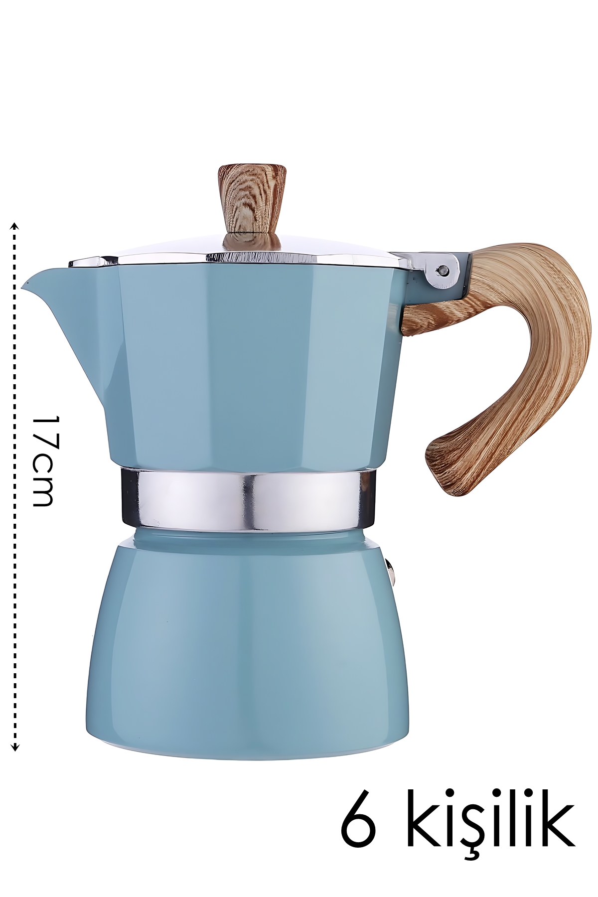 Italyan Moka Pot - 6061 Saf Alüminyum  Ahşap Saplı - 6 kişilik MAVİ 722065