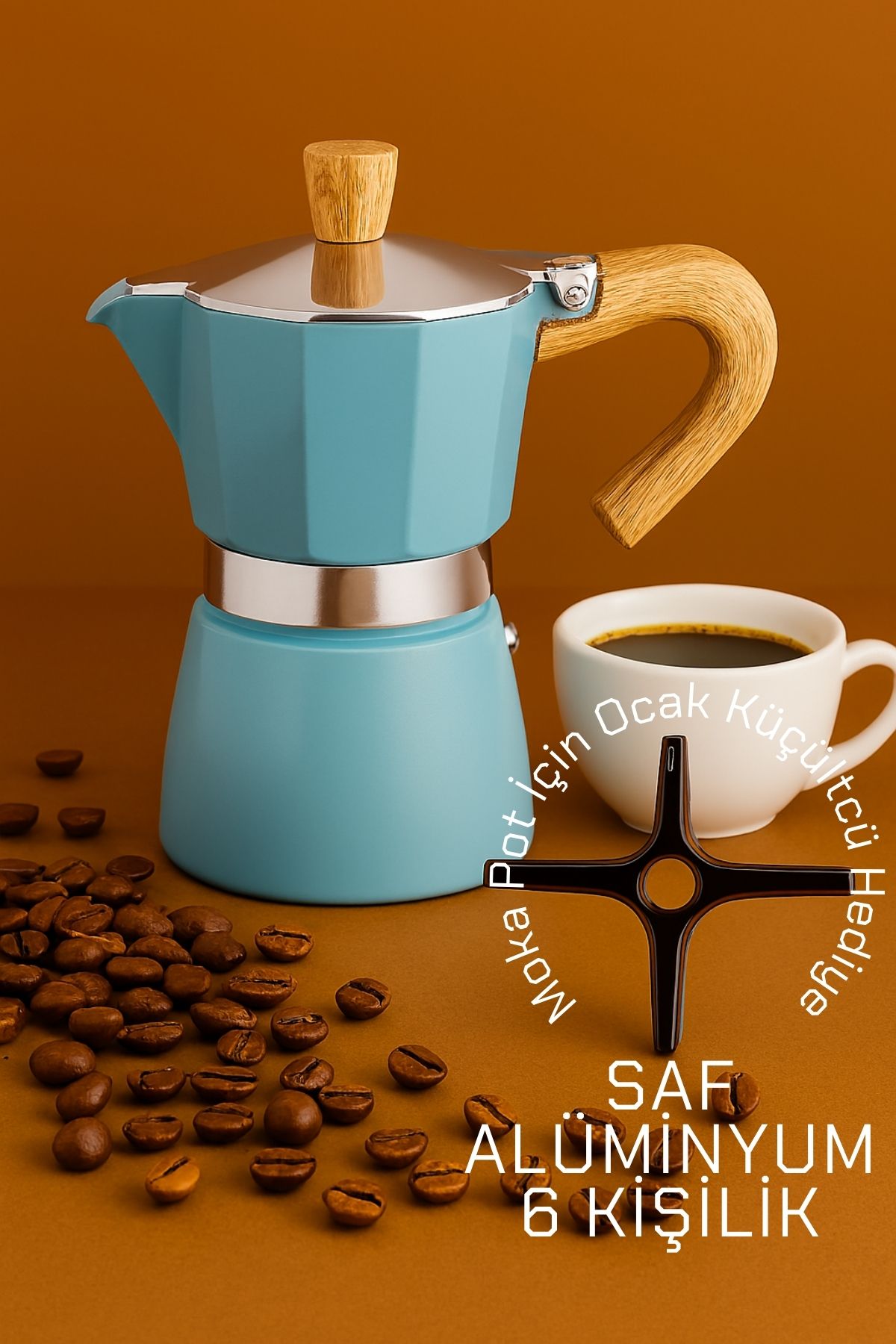 Italyan Moka Pot - 6061 Saf Alüminyum  Ahşap Saplı - 6 kişilik MAVİ 722065