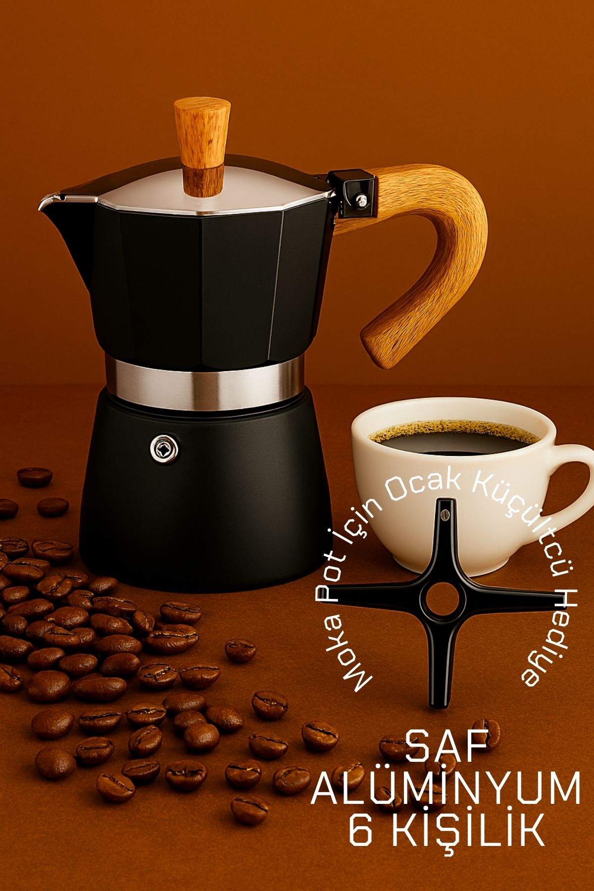 Italyan Moka Pot - 6061 Saf Alüminyum  Ahşap Saplı - 6 kişilik SİYAH 722067