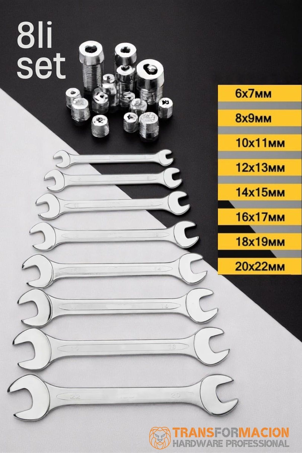 Açık Uçlu Anahtar Seti - İki Ağızlı Anahtar - İki Ucu Açık Vanadium Çelik Anahtar 8 li SET  721779