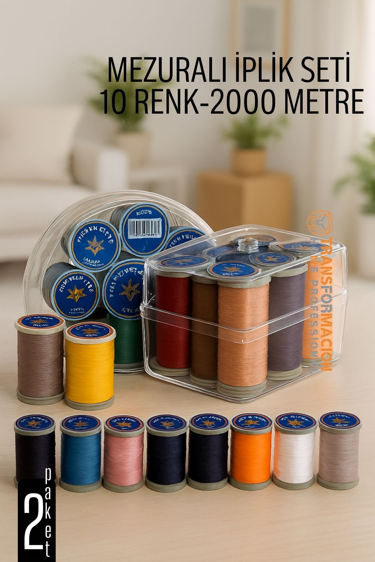 Dikiş İpliği Seti - 10 Renk 2000 Mt Kutulu Mezuralı Dikiş Seti 722077