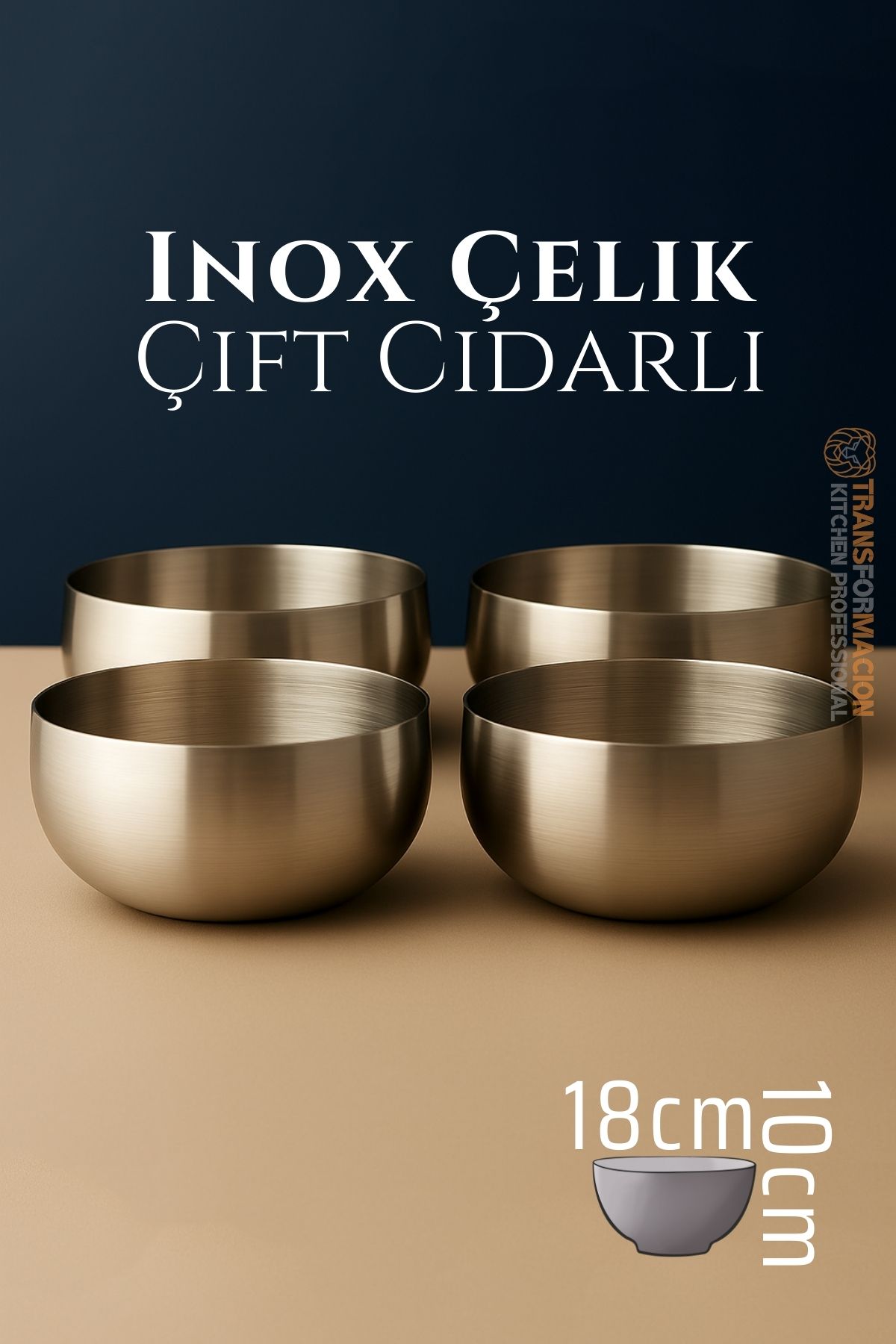 Çift Cidarlı Kase - Inox Çelik Kase  18 cm 4 LÜ SET 