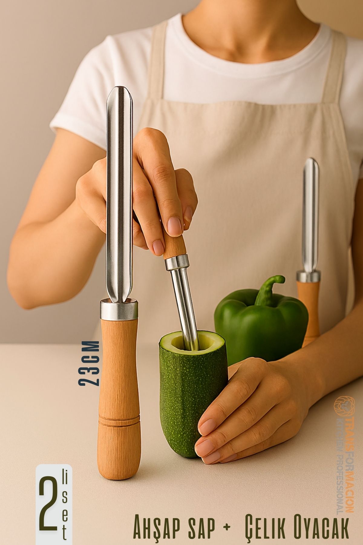 Oyacak - 2 Lİ SET Dolmalık Kabak ve Biber Patlıcan Oyacağı 304 Paslanmaz Çelik 