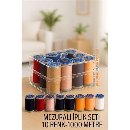 Modacar Dikiş İpliği Seti - 10 Renk 1000 Mt Kutulu Mezuralı Dikiş Seti 