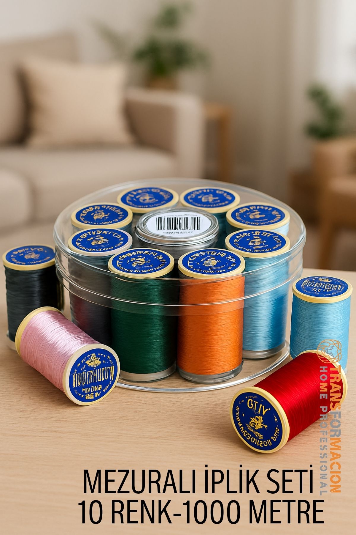 Dikiş İpliği Seti - 10 Renk 1000 Mt Kutulu Mezuralı Dikiş Seti 